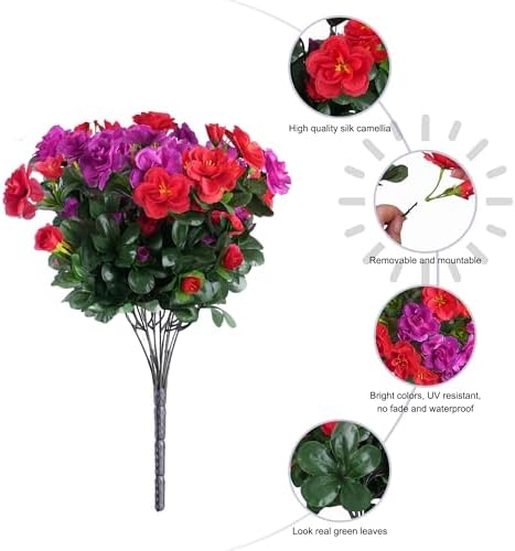 Artificial Faux Outdoor Flowers Plants for Spring Summer Decoration, Fake Silk Camellia UV Resistant Look Real for Planter Outside Front Door Porch Patio Balcony, 3 Large Bundles (Red+Fuchsia) - Image 5