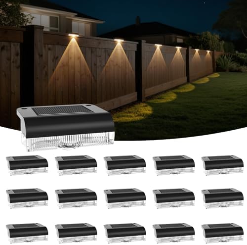 AGOTD Solar Fence Lights Outdoor, 16 Pack Fence Light Solar Powered, Deck Lights Waterproof Led for Garden, Backyard, Patio, Pathway, Railing, Pool, Stairs, Step, Warm White by Agotd