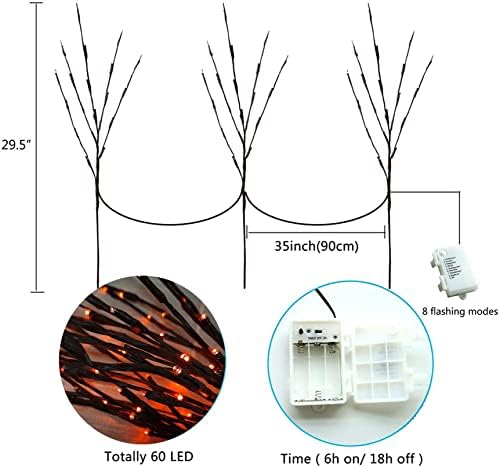 Outdoor Indoor Lighted Halloween Tree Branches Decoration, 3PCS Artificial Lit Twig Branch with Orange Fairy Lights, Battery Operated with Timer, Halloween Decor for Fireplace Pathway Lawn Front Porch - Image 4