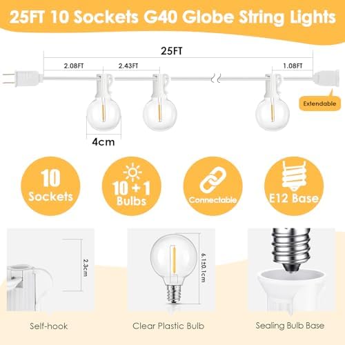 Mlambert 25FT G40 LED Outdoor String Lights with 10+1 Bulbs, Plug-in, White - Image 6