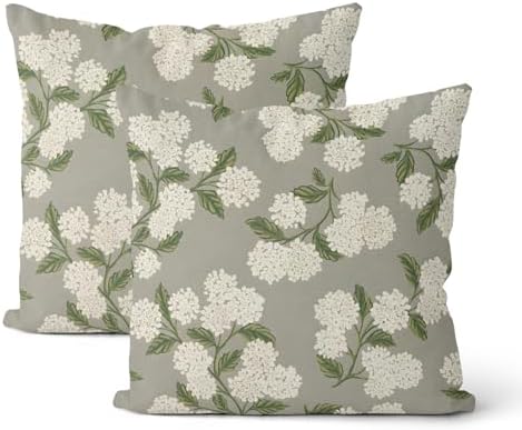 Grey Pillow Covers 22x22 Inch 2 Pcs Gray Green Hydrangea Flower Decor Throw Pillows Vintage Floral Seasonal Spring Summer Outdoor Decoration Pillowcase Linen Cushion Cover for Couch Sofa by DAFENA