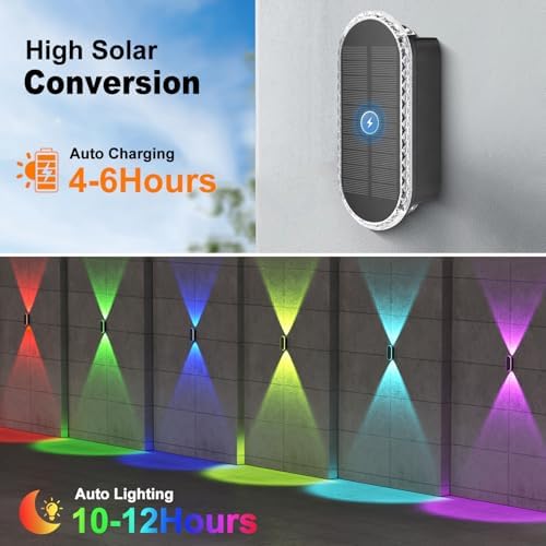 Ellasay Solar Fence Lights Backyark: 6-Pack Fence Lights Solar Powered 8 WRGB Color Modes - Up & Down Waterproof Solar Wall Lights for Outdoor/Yard/Poolside/Porch/Patio/Railing - Image 3