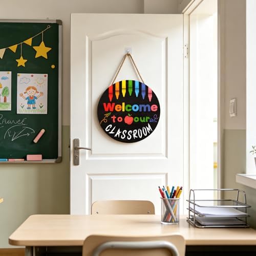 Welcome Sign for Classroom Door Decorations 12x12in Welcome to Our Classroom Sign Welcome Back to School Door Hanger Teacher Welcom Round Wood Hanging Signs for School Classroom Wall Board Supplies - Image 6