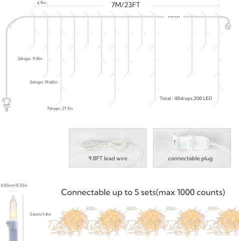 200 Christmas Icicle Lights, Warm White 23 FT Long White Wire - Image 4