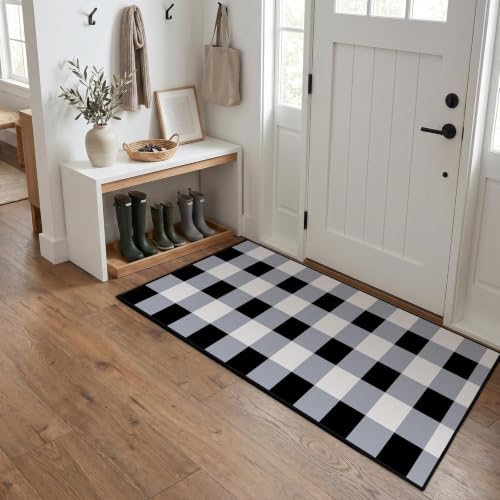Black White Plaid Outdoor Rug 2 x 4.3 Ft, Front Door Layering Mat - Image 5