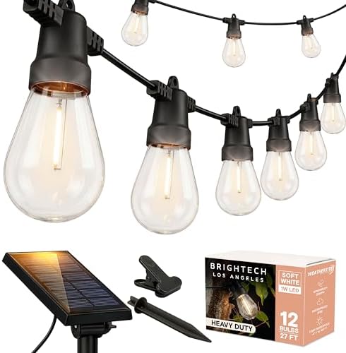 Brightech Ambience Pro Solar Powered Outdoor String Lights -27 ft Commercial Grade Waterproof Edison Patio Lights, Shatterproof LED String Lights for Outside, Porch - 12 Bulbs, 1W Soft White by Brightech