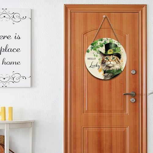 St. Patrick's Day Door Decoration for Home Cat Lucky Shamrock Wreath for Front Door Lucky Clover Cat Hanging Wall Sign Green Wreath Wooden Plaid Plaque for Porch Home Office Farmhouse 12"x12" - Image 5