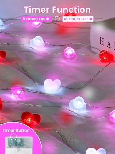 Heart Fairy Lights Battery Operated Valentines String Lights Red Pink White - Image 2