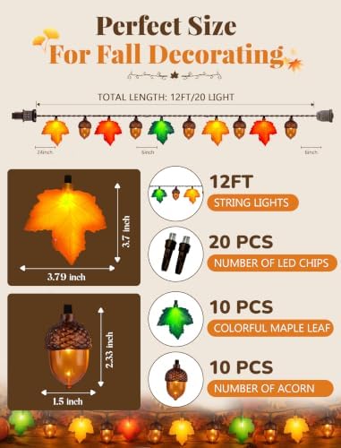 Fall String Lights 12FT 20 LED Acorn Maple Leaf Garland, Plug in Connectable Thanksgiving Lights, Waterproof Outdoor Autumn Decor for Fireplace Mantle Porch - Image 6