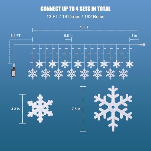 2 Pack 13 Ft 192 LED Snowflake Christmas Icicle Lights with 16 Drops, 8 Modes and Timer, IP65 Waterproof Connectable for Indoor Outdoor House Window, Warm White - Image 4