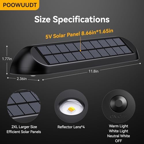 11.81inch Solar Fence Lights Outdoor Waterproof, 3-Mode (3000K/4000K/6000K),4 LED with Upgraded High-Efficiency Solar Panel & Wide Beam for Backyard/Patio/Deck/Step/Home Improvement(6 Pack) - Image 2