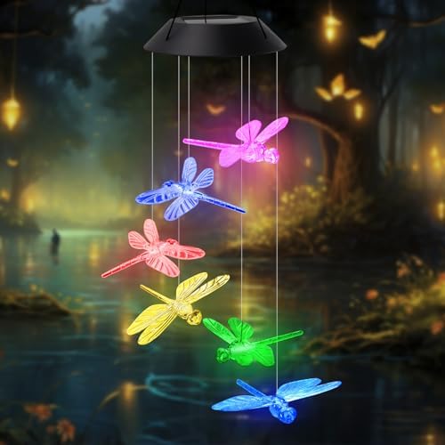 AVEKI Solar Wind Chimes Outdoor, Color-Changing Solar Mobile Wind Chime Waterproof Solar Powered LED Hanging Lamp for Outdoor Garden Festival Decoration (Dragonfly) - Image 3