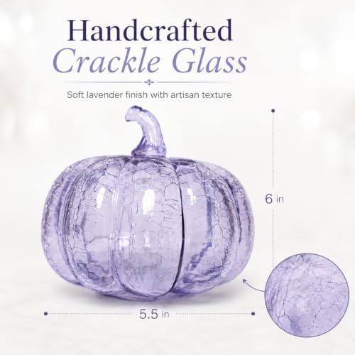 Lavender Crackle Glass Pumpkin Light, 5.5 Inch Battery Operated LED Pumpkin Decor with 6H Timer, Twinkle & Steady Glow, Fall Halloween Thanksgiving Christmas Table Decoration - Image 3