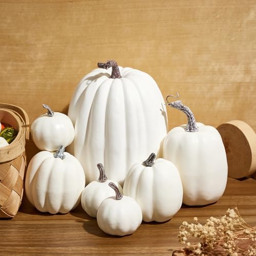 Halloween Autumn Harvest Festival 7 Artificial Pumpkins of Various Styles Decorate Rural Style Farmhouses Foam Pumpkins Thanksgiving Dinner Party Home Festival Autumn Decoration (White) - Image 2