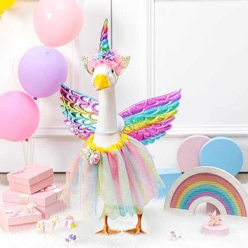 Abbylike Unicorn Porch Goose Outfit Rainbow Goose Costume for 23'' H Cement Statue with Tutu Skirt Unicorn Headband Wing for Party Outdoor Yard Lawn Garden Patio Decor - Image 2
