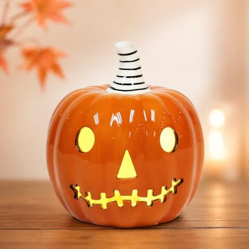 Ceramic Halloween Pumpkin Decor with Built in LED Light Battery Included Glossy Jack O Lantern Tabletop Decoration 5.5" Lighted Pumpkin for Indoor Fall Harvest Home Decor - Image 3