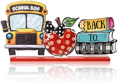 Smile Back to School Wooden Table Decor Book Stack, Polka Dot Apple, School Bus Desktop Signs - Classroom & Home Office Tabletop Decorations School Gift for Students, Teachers by Sme