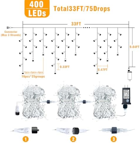 33ft Icicle Lights for Outside, Red White and Green Christmas Lights Outdoor Indoor, 400 LED Twinkle String Light with 75 Drops, Clear Wire Connectable Timer for Thanksgiving Room Home Wall Bedroom - Image 7