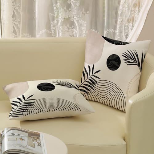 Boho Pillow Covers 18x18 Set of 2 Mid Century Black Beige Tropical Leaf Throw Pillow Covers Outdoor Modern Abstract Decorative Pillow Cases Farmhouse Linen Cushion Case Decor for Couch Sofa - Image 5