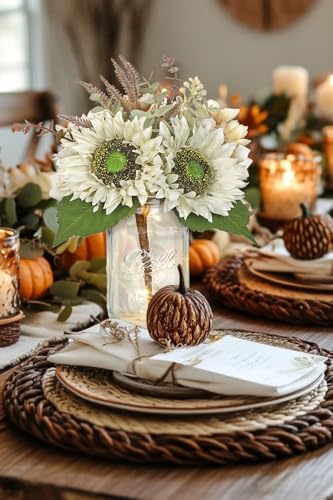 Silk Sunflowers Artificial Flowers with Mason Jar Centerpiece for Table White Fall Flowers in Vase Small Fall Floral Arrangement with Vase Thanksgiving Centerpiece for Dining Room Table Autumn Decor - Image 4