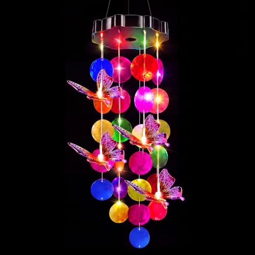 GlikCeil Solar Wind Chimes, 27.5 inch Butterfly Solar Seashell Wind Chimes, Waterproof Hanging LED Lights, Suitable for Patios, Porches, Terraces, Parties, Etc, Color-Changing Lights by GlikCeil