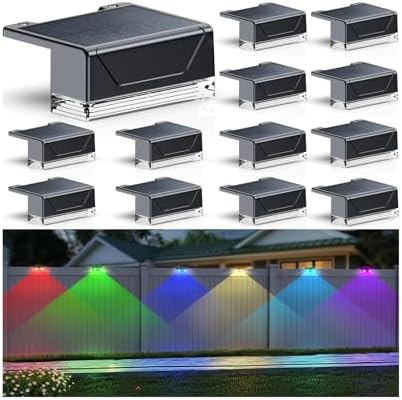 LIANGLOME 12PK Solar Fence Lights Outdoor Waterproof LED - Warm White & RGB 6 Color, Dusk to Dawn Deck Light, IP65 Waterproof Garden Lights for Outside/Backyard/Railing/Step/Patio/Wall by LIANGLOME