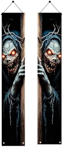 2PCS Halloween Porch Banner Scary Skeleton Demon Vertical Hanging Decorations for Front Door Outdoor Horror Welcome Door Sign Spooky Party Decor Haunted House Entrance Backdrop 71 x 12 Inch by Unknown
