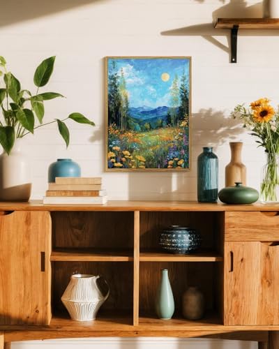 WHASAYART Vintage Floral Framed Wall Art Aesthetic 12x16 Rustic Nature Canvas Print with Blue Background, Colorful Vibrant Floral, Forest, Mountain for Home Office Bedroom Living room Hallway Decor - Image 4