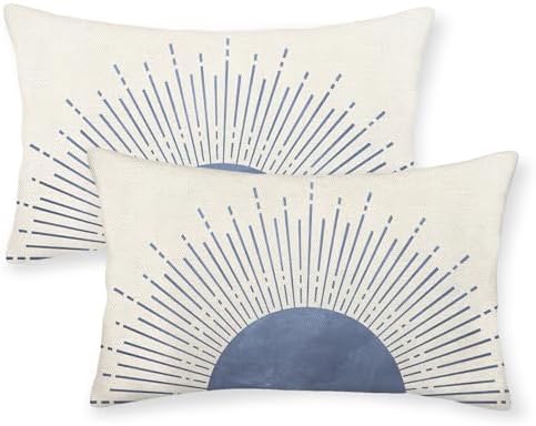 Summer Blue Pillow Covers 12x20 Set of 2 Stripes Sunshine Decorations Outdoor Throw Pillows Boho Sunset Sun Decorative Pillow Cases Linen Farmhouse Lumbar Cushion Cover for Couch Sofa Decor by JEFERSO