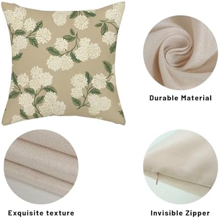 Beige Spring Pillow Covers 22x22 Inch 2 Pcs Khaki Green Hydrangea Flower Decor Throw Pillows Vintage Floral Seasonal Summer Outdoor Decoration Pillowcase Linen Cushion Cover for Couch Sofa - Image 7