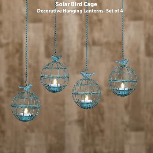 Outdoor Solar Hanging Lantern Lights, 4 Pack Rustic Ball Birdcage Hanging Candle Holder with Solar Tea Lights, Waterproof Chandelier for Tree, Pergola, Patio Decor (Vintage Blue) - Image 7