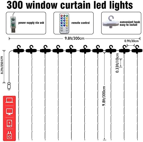 Dazzle Bright Curtain String Lights, 300 LED 9.8ft x 9.8ft 8 Lighting Modes Fairy Lights USB Powered, Waterproof Lights for Christmas Party Wedding Outdoor Indoor Wall Decorations (White) - Image 2