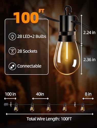 Outdoor Patio String Lights: S14 Shatterproof Bulb Outside Waterproof Light - 100FT 30M Remote Dimmable Connectable Hanging Outdoor Electric Lighting - Garden Backyard Yard Gazebo Porch Party - Image 6