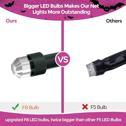 WBao Solar Halloween Lights Outdoor 200LED F8 Big Bulbs, 8.4ft x 5.2ft Orange Purple Net Lights with Remote, 8 Modes, Timer, Connectable, Waterproof & Dark Green Wire for Lawn, Bushes Halloween Decor - Image 2
