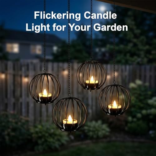 Edenseelake Solar Hanging Lanterns Outdoor Waterproof, Metal Ball Candle Holder with Flickering Solar Powered, Chargeable Solar Lights for Backyard Patio Garden Fence Tree Decoration, 4 Pack - Image 4