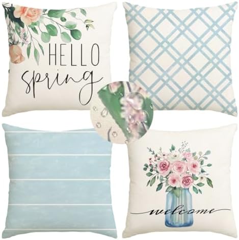RABUSOFA Spring Summer Pillow Covers 20x20 Inch Set of 4 Waterproof Outdoor Spring Summer Decorations for Home,Blue Farmhouse Decor Throw Decorative Pillows for Couch Patio by RABUSOFA
