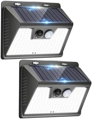 Peasur 2 Pack Solar Lights Outdoor Motion Sensor, 140 LED Solar Powered Fence Wall Light Waterproof, 3 Modes Solar Security Lighting for Outside Yard Deck Garden Stair Step by Peasur