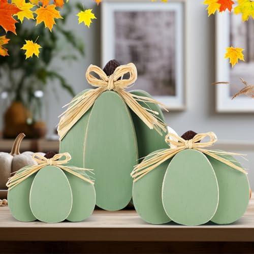 Ferraycle 3 Pcs Fall Pumpkin Decor Fall Wooden Signs 3D Pumpkin Tabletop Decor Farmhouse Sign Rustic Tiered Tray Decorations Block Centerpieces Standing Sign for Home Kitchen Harvest(Green Color) - Image 6