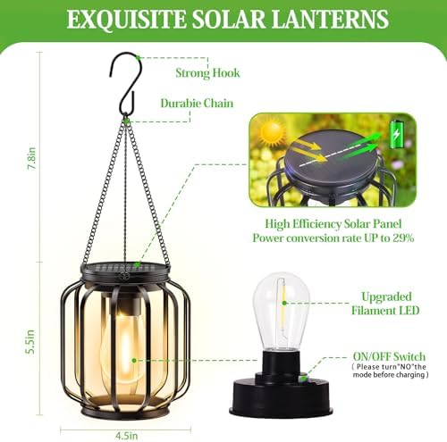 Solar Hanging Lanterns Outdoor: 2 Pack Metal Solar Hanging Lights with Hook, Bright - Warm Waterproof LED Lanterns for Outside, Classic Decorative Solar-Powered Light for Yard Garden Patio Porch Decor - Image 4
