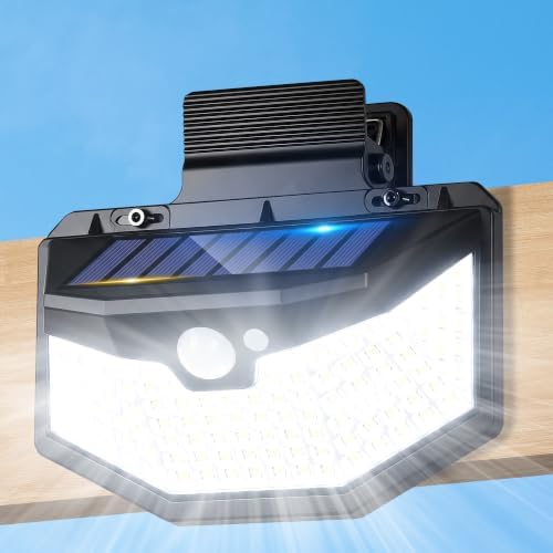 800LM Clip On Solar Lights Outdoor, 270° Wide Angle Motion Sensor Outdoor Lights with 115 LEDs & 3 Modes, IP65 Waterproof Solar Fence Lights Outdoor for Deck, Gutter, Patio, Backyard, Railing 1Pack by LUHLEE