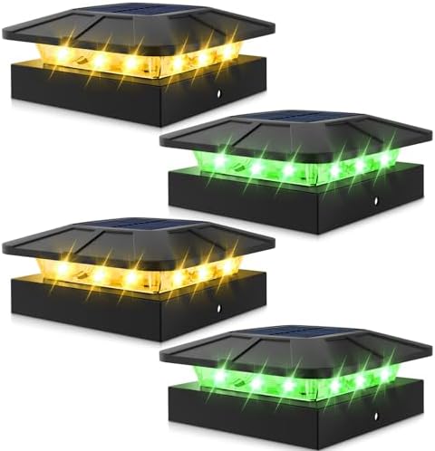 Peasur 4x4 Solar Post Lights Outdoor, 4 Packs Green & Warm White LED Fence Caps Light Waterproof, Wood & Vinyl Post Top Lighting for Deck Mailbox Railing Porch Outside by Peasur