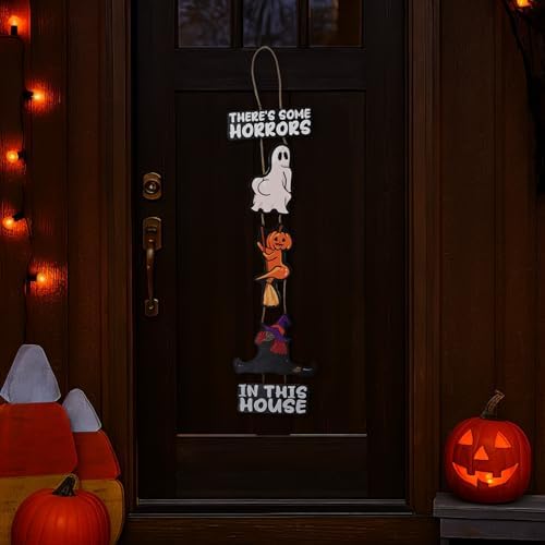 Halloween Decoration Funny Ghost There's Some Horrors in This House Welcome Wall Signs Door Wreath for Front Door Sign, Fall Sign Hanging for Home Wall Party Outdoor Supply Decor Gifts 36.2×8.3 Inch - Image 5