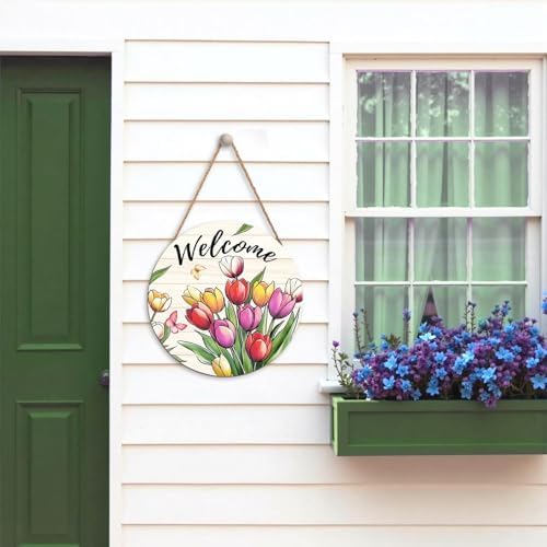 Tulip Welcome Sign for Front Door Decor Spring Flower Wall Hanging Sign Summer Decorations Floral Wooden Wreath Farmhouse Door Hanger Sign for Spring Summer Party Indoor Outdoor Decor 12 Inch - Image 5