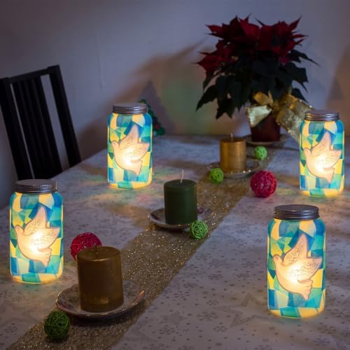 Qinyoung 12 Pcs Christmas Crafts Dove Mason Jars Crafts with LED Candle Light DIY Suncatchers Decoration Make Your Own White Bird Mason Jars Tissue Paper Supplies for Christmas Party Projects Activity - Image 6