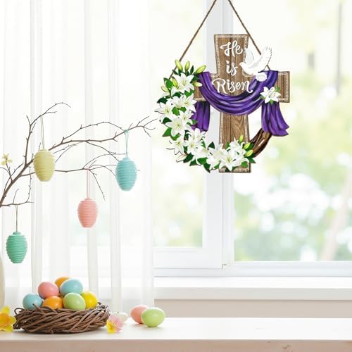 Harooni Easter Door Sign for Front Door He Is Risen Easter Cross Wood Wreaths Hanger Religious Cross Lily Flowers Outdoor Porch Decor Spring Flowers Wooden Wreath Wall Hanging Decoration 10.9"x10.9" - Image 5