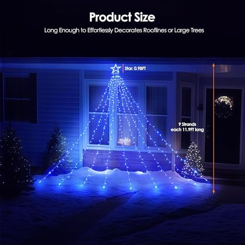 WBao 344 LED Christmas Lights Outdoor Decorations with 12" Star Topper, 11.9ft Waterfall Christmas Lights, Remote Control 8 Modes, 3 Timers, UL Listed Waterproof for Tree Roof Porch Xmas Decor, Blue - Image 6