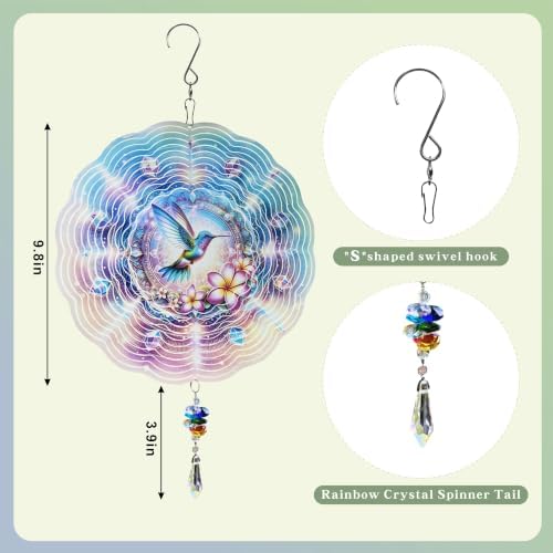 10 Inch 3D Hummingbird Wind Spinner with Crystal Pendant, Renyalora Colorful Metal Mandala Hanging Spinner, Kinetic Wind Sculpture for Outdoor Yard, Garden, Patio, Balcony Decor - Image 3