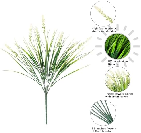 Artificial Fake Outdoor Plants Flowers for Summer Decoration,10 Bundles Faux Plastic Tall Monkey Grass Greenery UV Resistant Realistic for Home Outside Planter Window Porch Patio Garden-White - Image 4