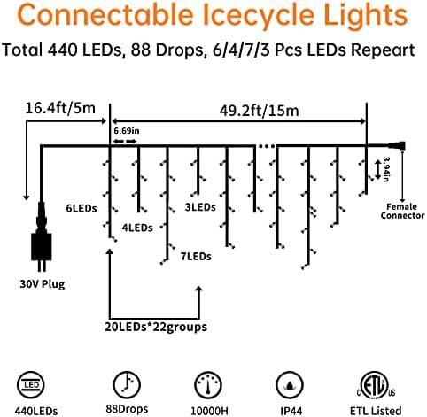 Blingstar Icicle Lights Christmas Lights Outdoor 49.2 Ft 440 LED Extendable Dripping Lights 8 Modes Warm White Icecycle String Lights Cascade for Indoor Outside Xmas Holiday House Decor, Clear Wire - Image 2