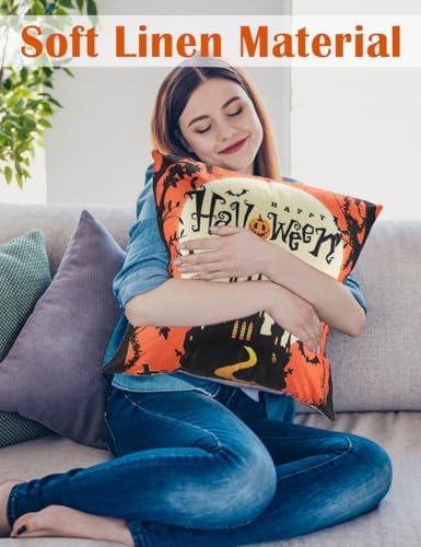 Halloween Decorations Set Of 4 Double-Sided Print Pillow Covers 18" x 18", with 8 Cute Halloween Decor Patterns, Elegant Invisible Zipper, Soft Linen Throw Pillow Covers for Outdoor & Indoor Use - Image 5